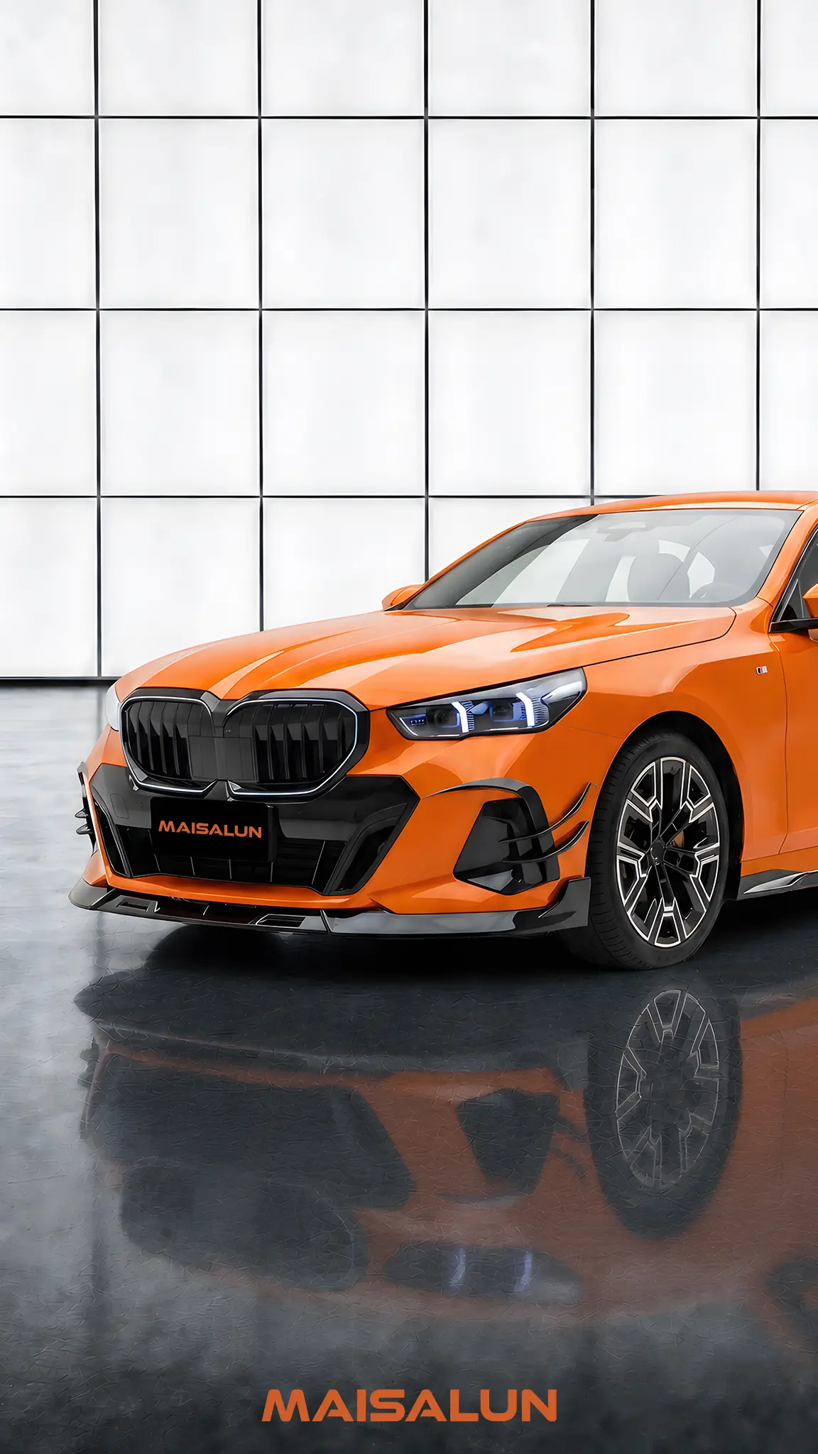 Orange Tesla with Maisalun exterior styling shown from the side